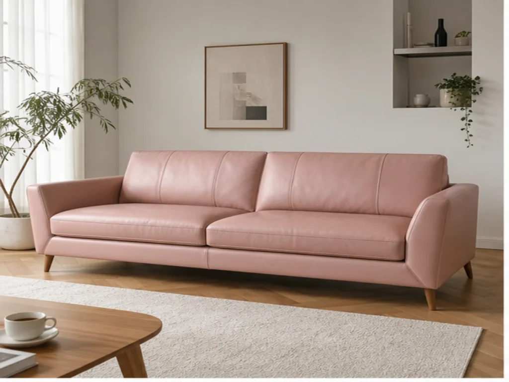 Sofa băng Bắc Âu da thật màu hồng pastel