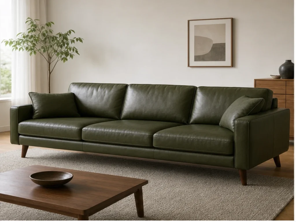 Sofa băng Bắc Âu da thật màu xanh rêu