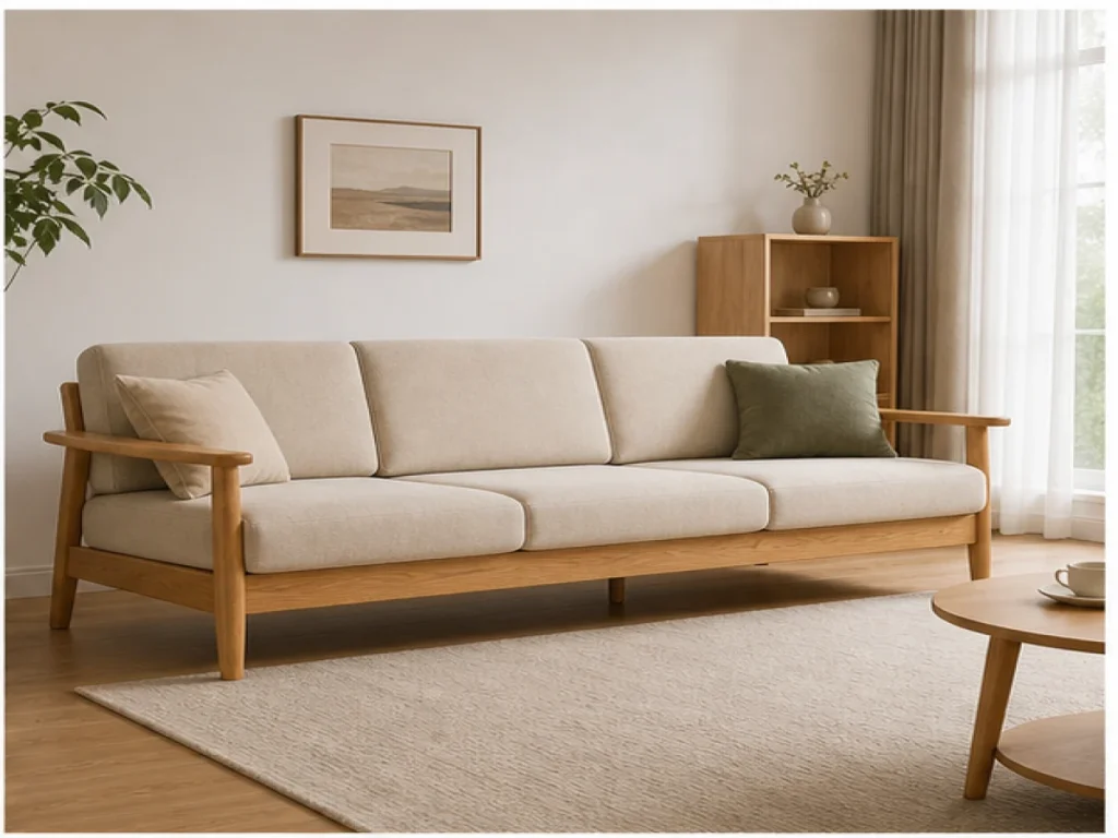 Sofa băng Bắc Âu gỗ tự nhiên màu be