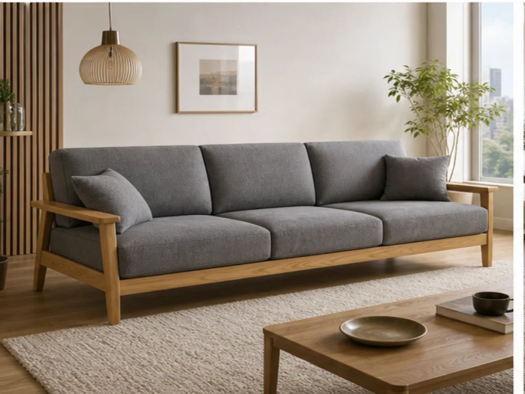 Sofa băng Bắc Âu gỗ tự nhiên màu xám