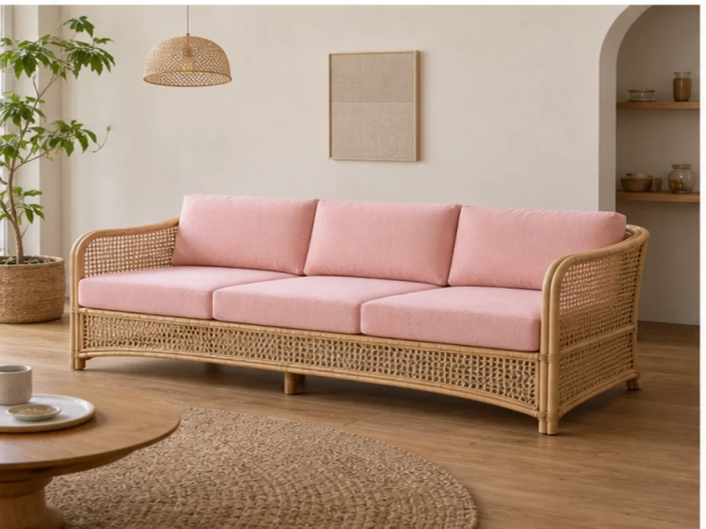 Sofa băng Bắc Âu mây tự nhiên màu hồng pastel