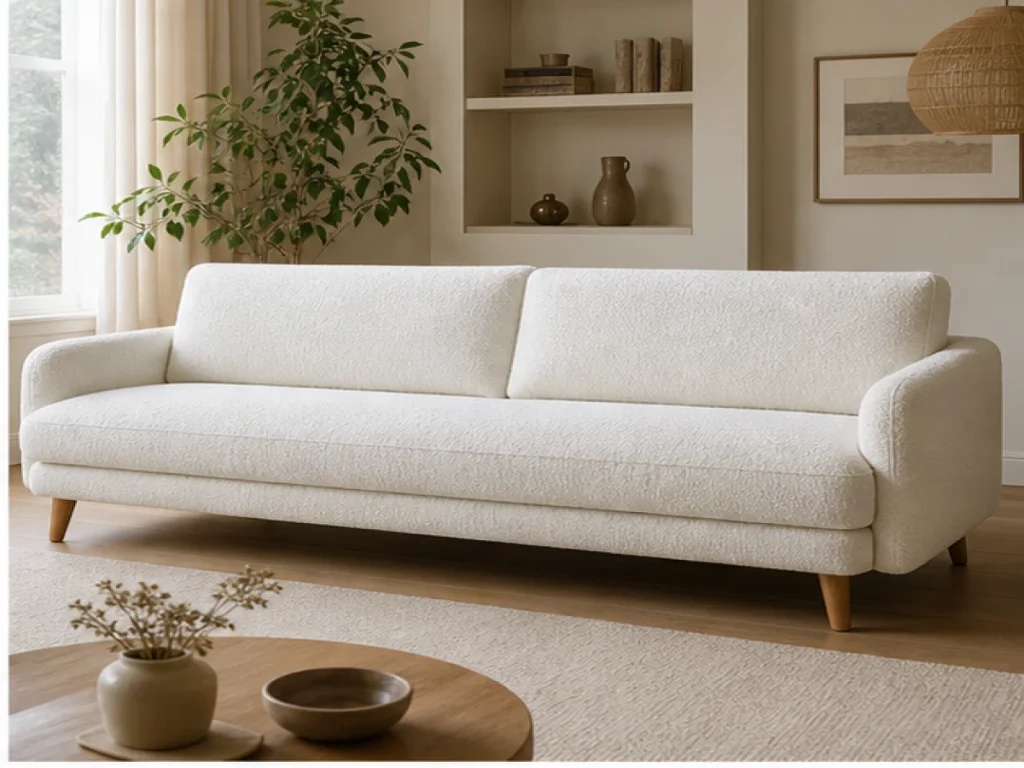 Sofa băng Bắc Âu vải bouclé màu trắng kem