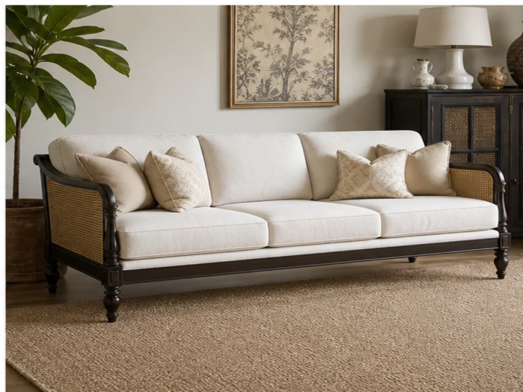 Sofa băng Indochine vải chenille màu trắng kem