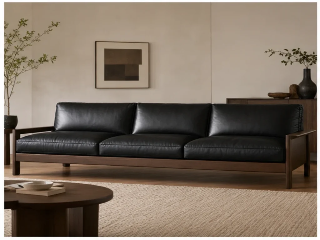 Sofa băng Japandi da công nghiệp màu đen