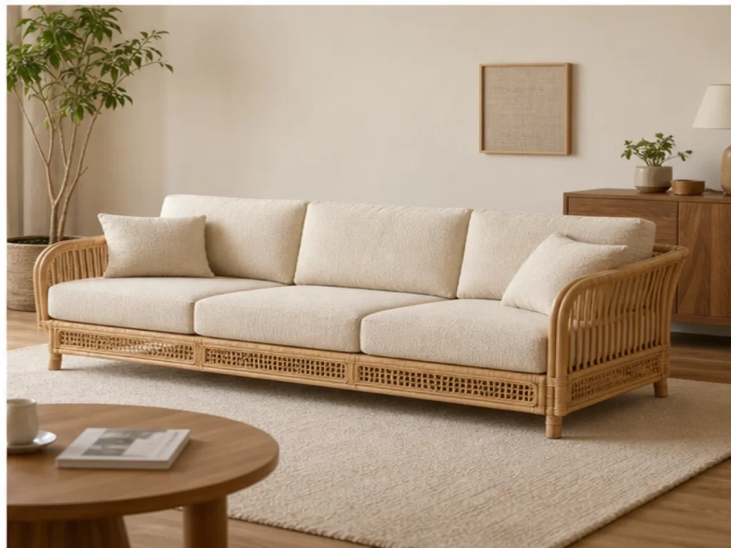 Sofa băng Japandi mây tự nhiên màu be
