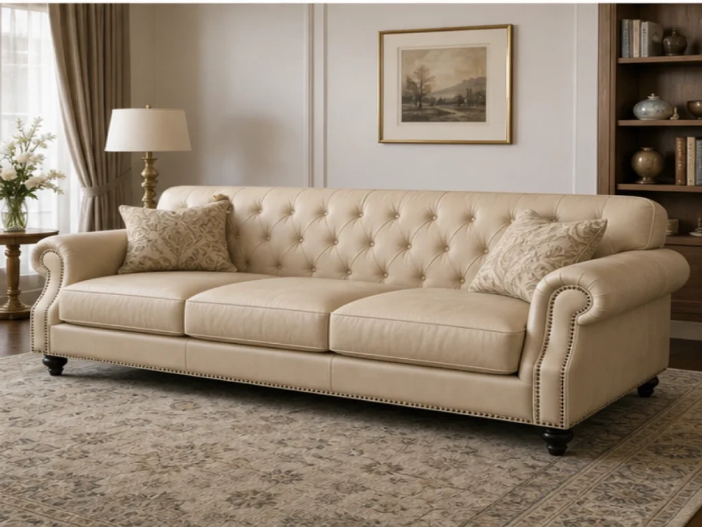 Sofa băng Tân cổ điển da công nghiệp màu be