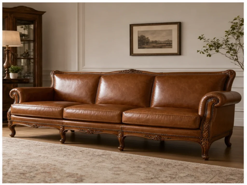 Sofa băng Tân cổ điển da thật màu nâu caramel