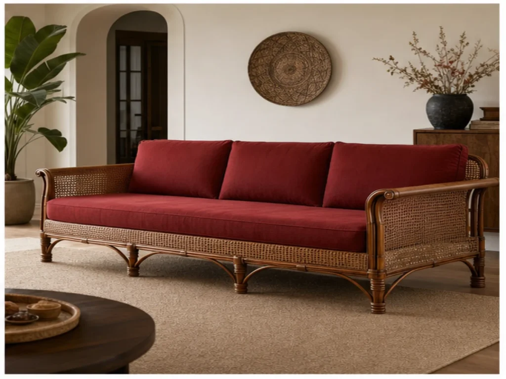 Sofa băng Tân cổ điển mây tự nhiên màu đỏ đô