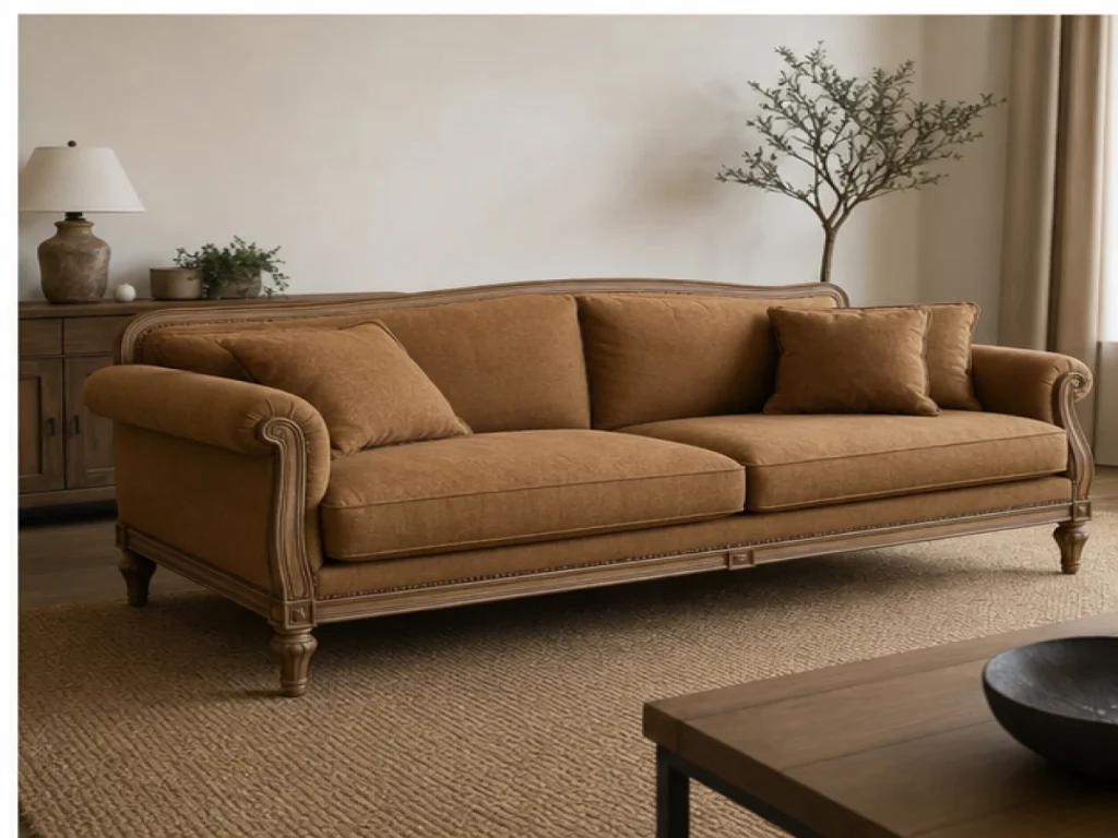 Sofa băng Tân cổ điển vải bố màu nâu caramel