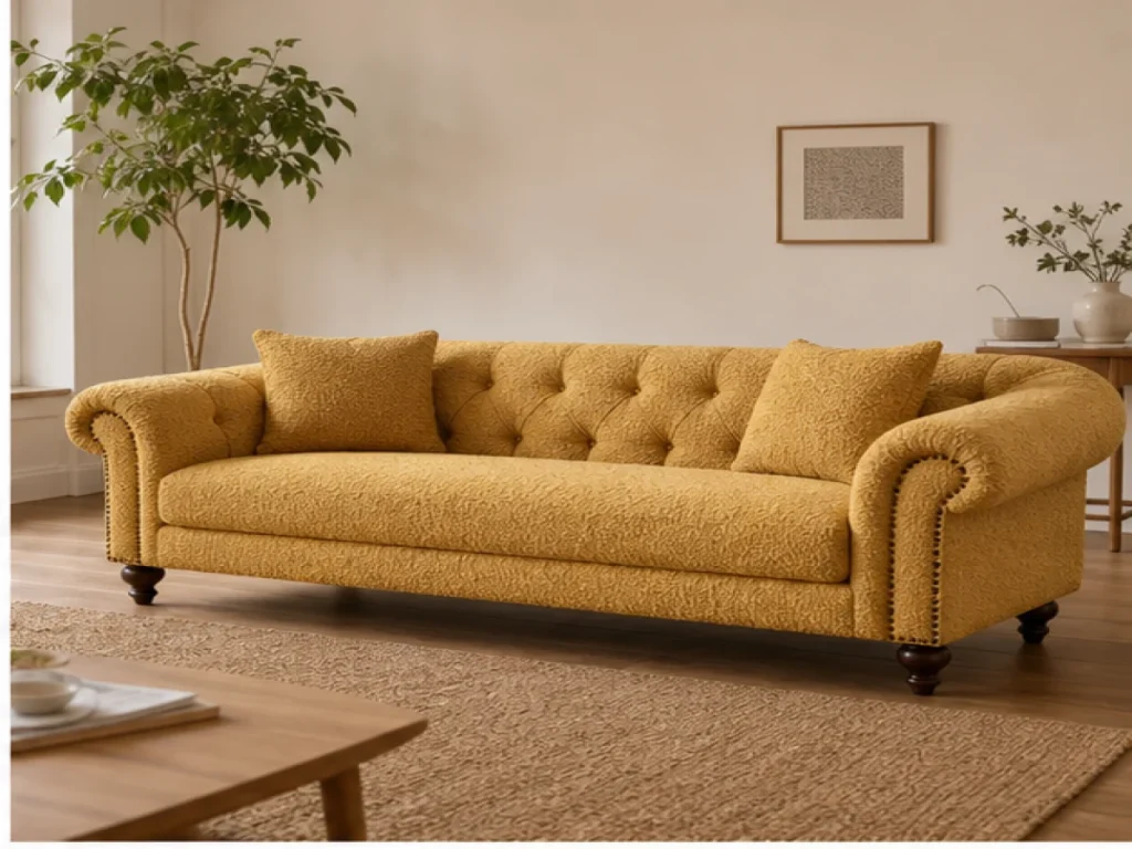 Sofa băng Tân cổ điển vải bouclé màu vàng mustard