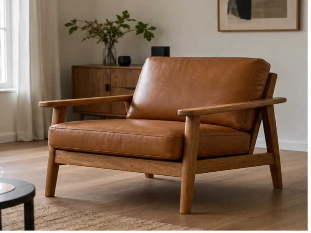 Sofa đơn Bắc Âu gỗ tự nhiên màu nâu caramel