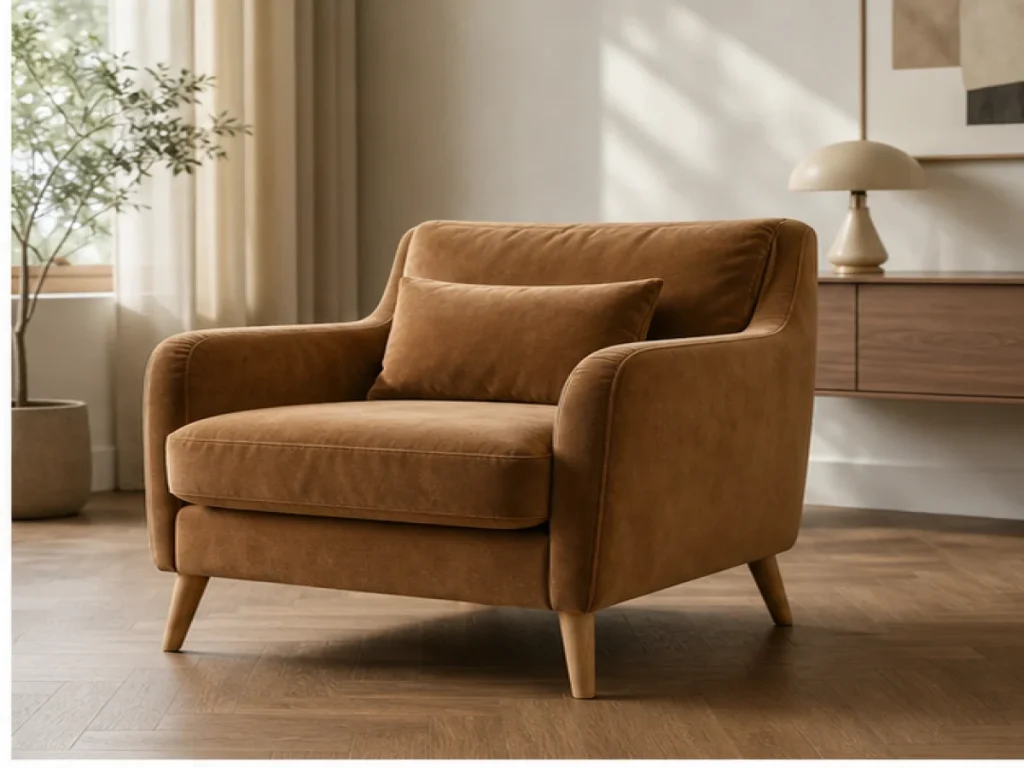 Sofa đơn Bắc Âu vải nhung màu nâu caramel