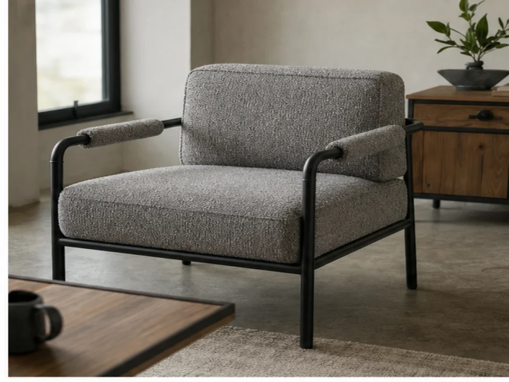 Sofa đơn Industrial vải bouclé màu ghi