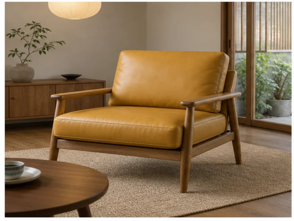 Sofa đơn Japandi da công nghiệp màu vàng mustard