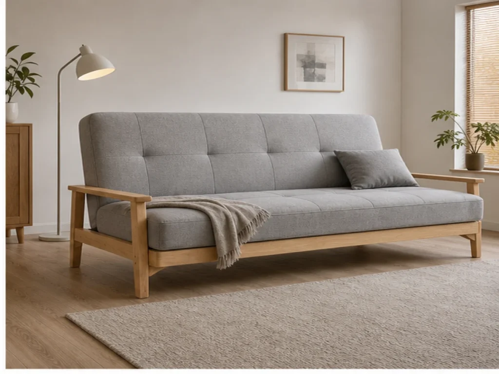 Sofa giường Bắc Âu gỗ tự nhiên màu xám