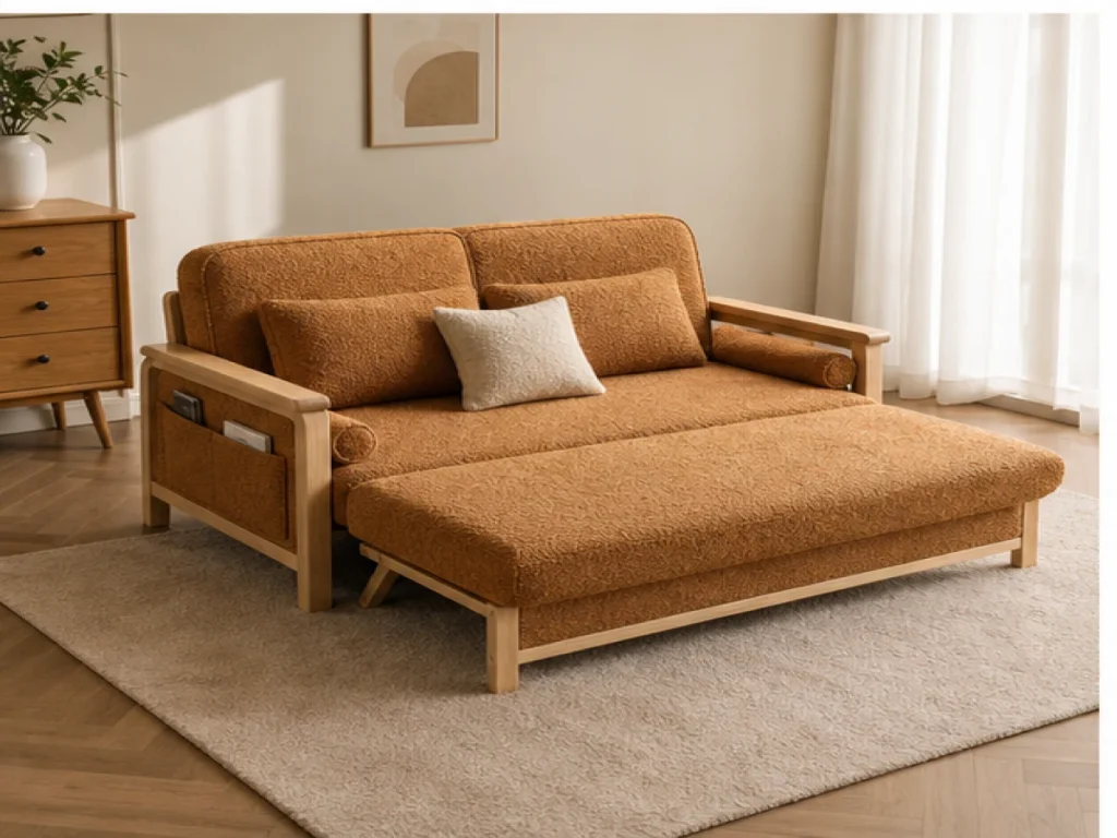 Sofa giường Bắc Âu vải bouclé màu nâu caramel