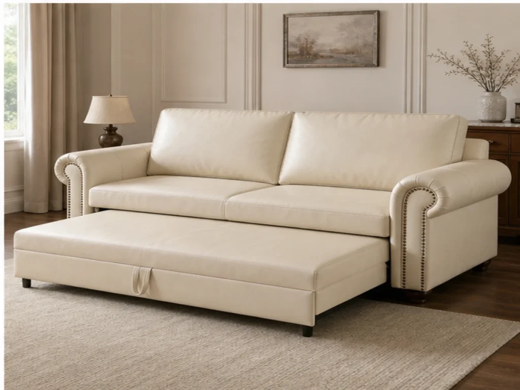 Sofa giường Cổ điển da thật màu kem