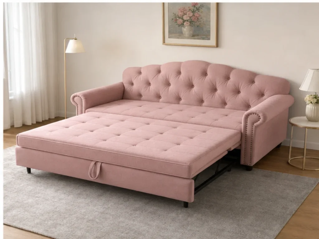 Sofa giường Cổ điển vải nỉ màu hồng pastel