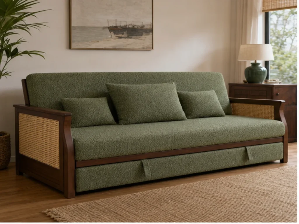 Sofa giường Indochine vải bouclé màu xanh lá