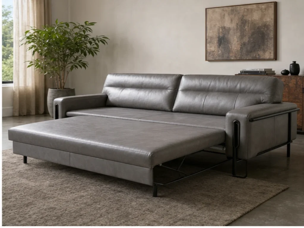 Sofa giường Industrial da thật màu ghi