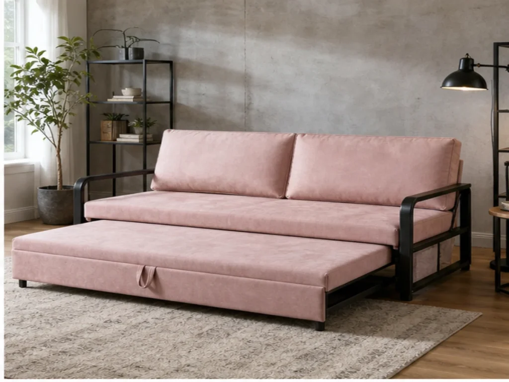 Sofa giường Industrial microfiber màu hồng pastel