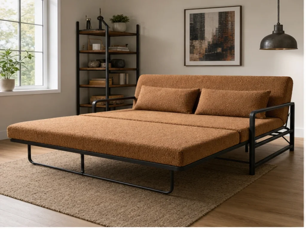 Sofa giường Industrial vải bouclé màu nâu caramel