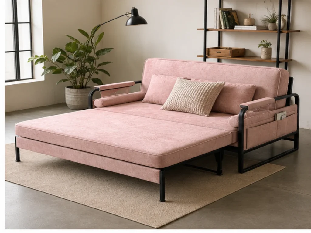 Sofa giường Industrial vải chenille màu hồng pastel