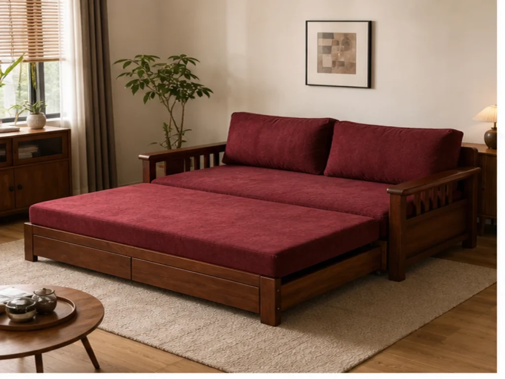 Sofa giường Luxury gỗ tự nhiên màu đỏ đô