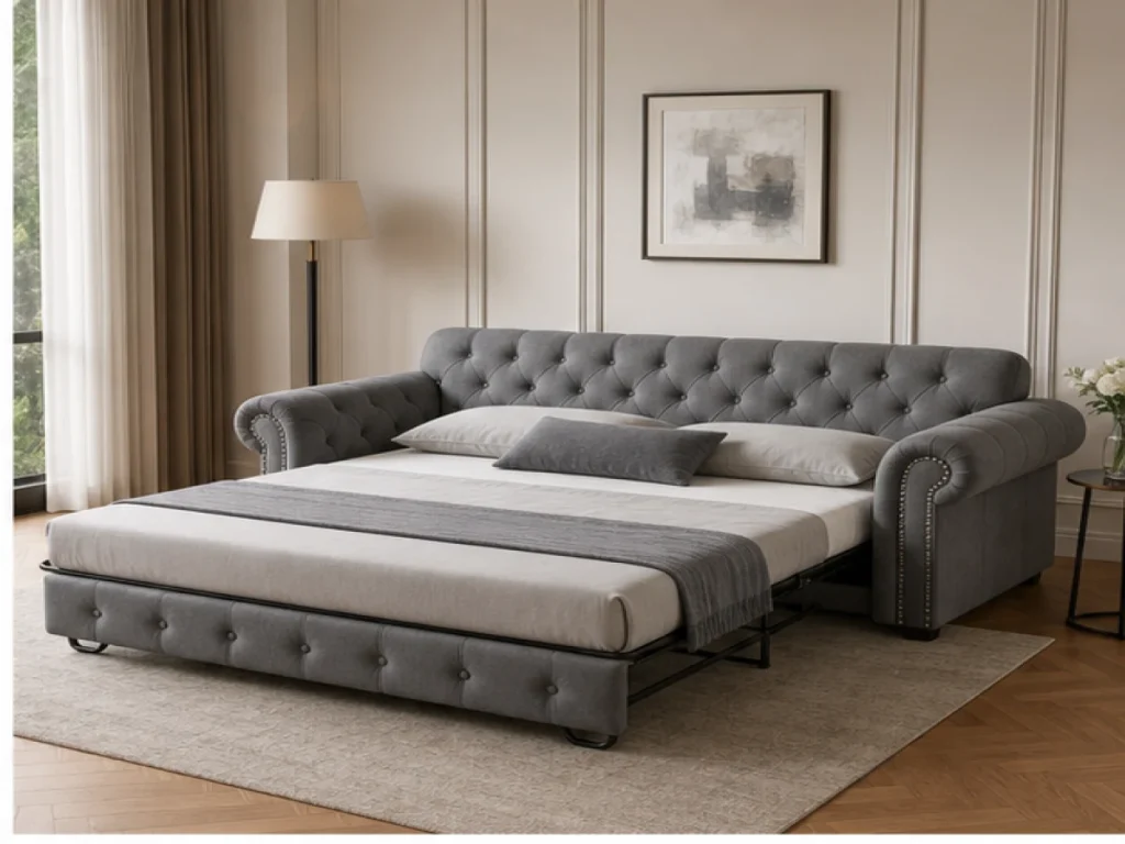 Sofa giường Tân cổ điển vải nỉ màu xám