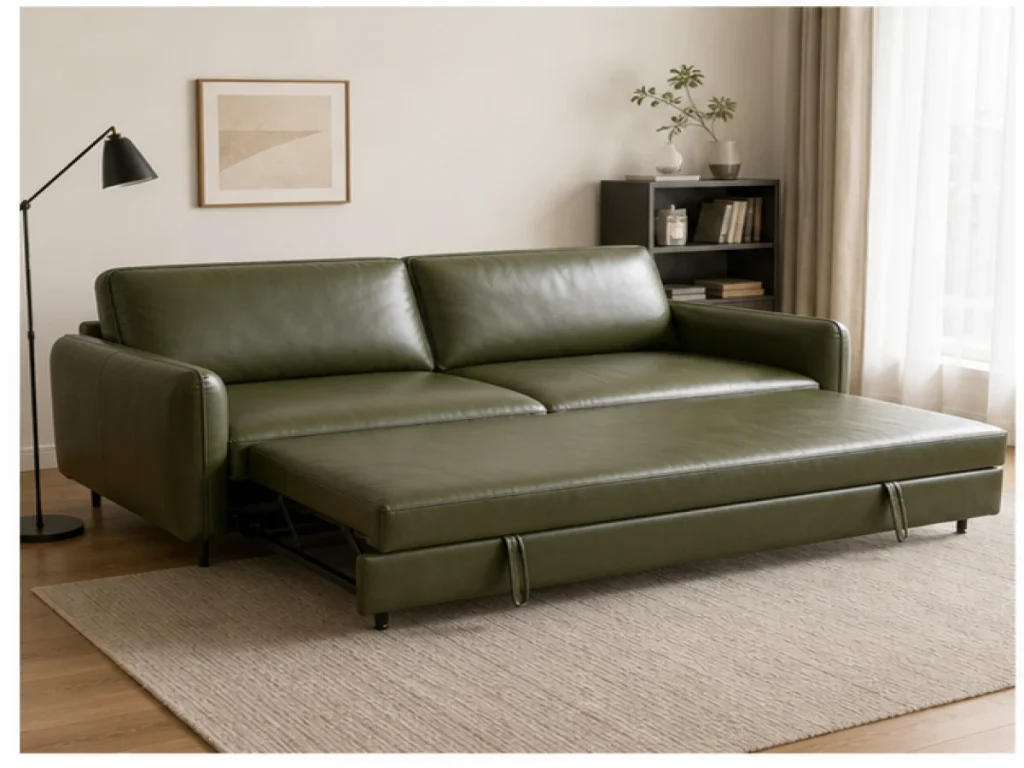Sofa giường Tối giản da thật màu xanh rêu
