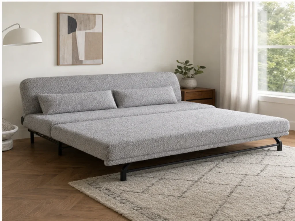 Sofa giường Vintage vải bouclé màu ghi