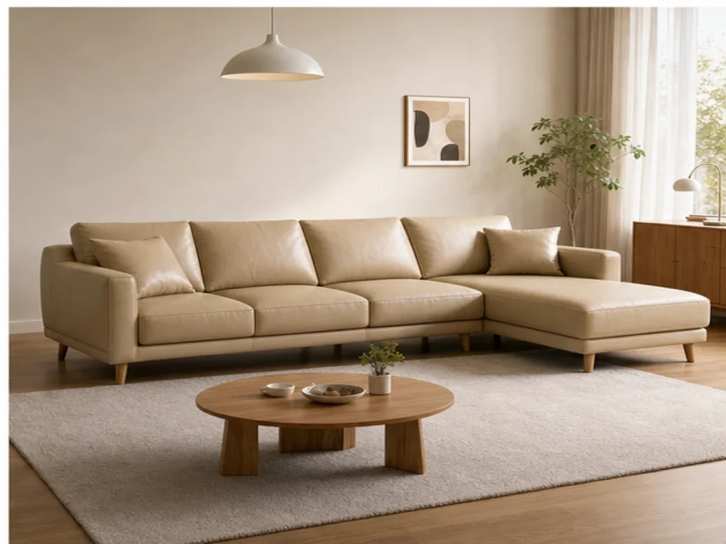 Sofa góc Bắc Âu da thật màu be