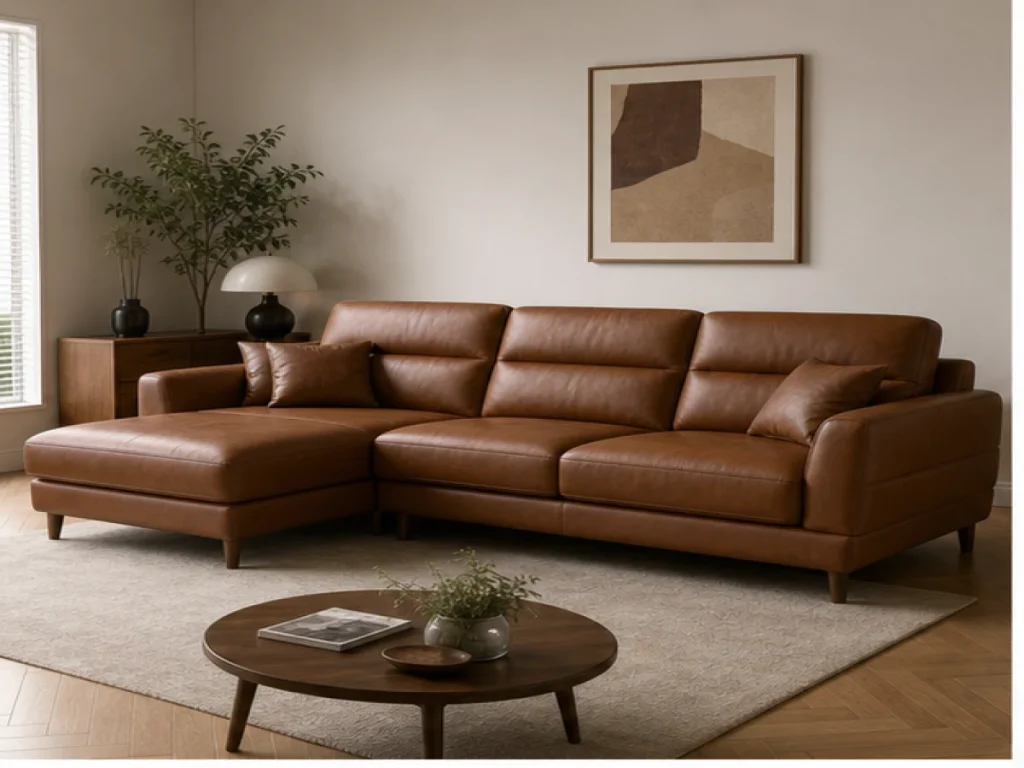 Sofa góc Bắc Âu da thật màu nâu