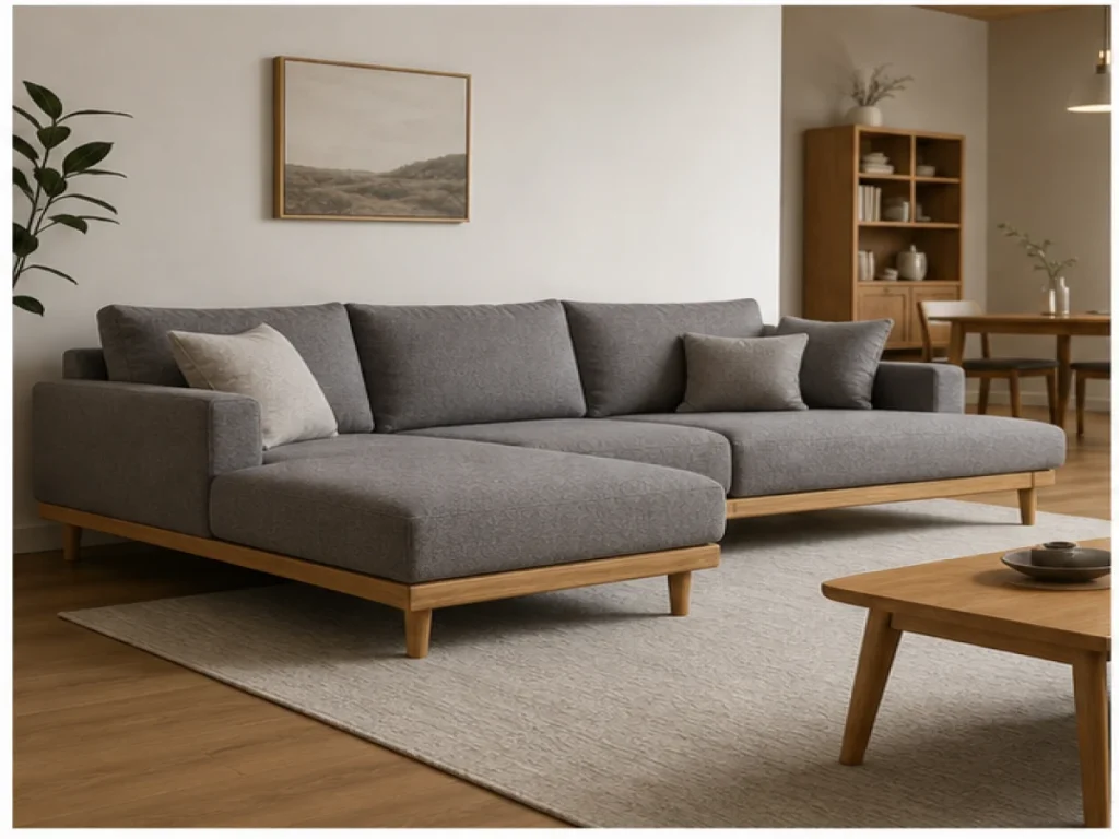 Sofa góc Bắc Âu gỗ tự nhiên màu xám