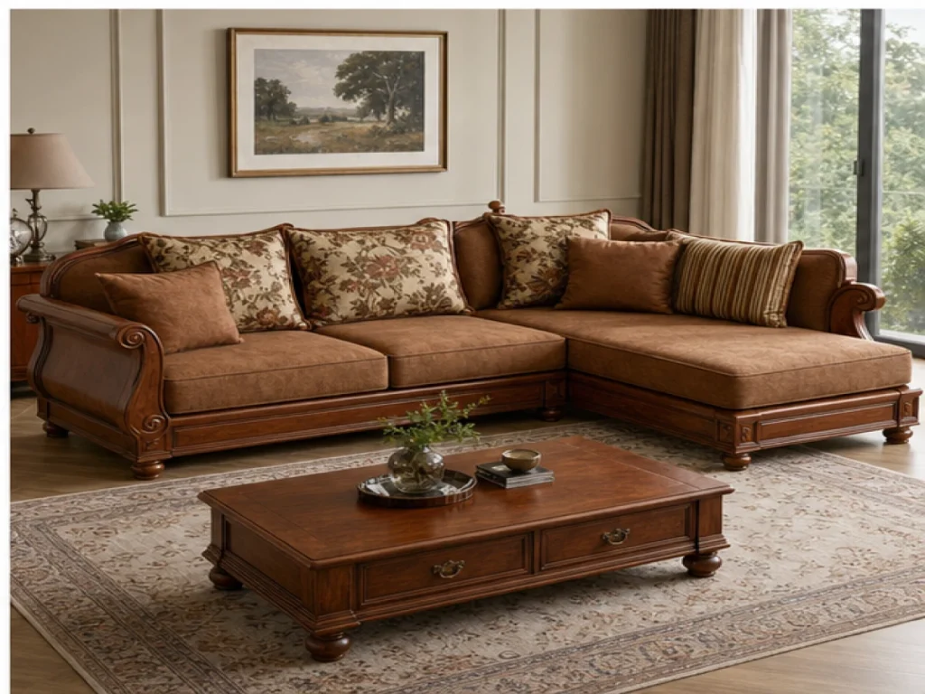 Sofa góc Cổ điển gỗ tự nhiên màu nâu caramel
