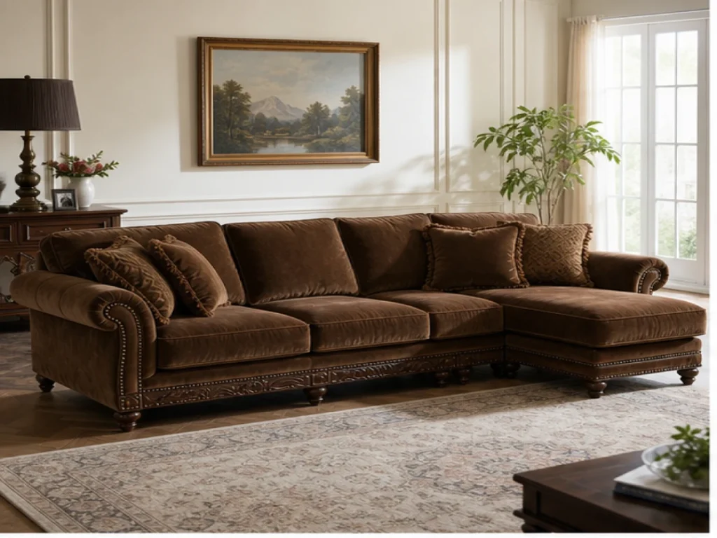 Sofa góc Cổ điển vải nhung màu nâu