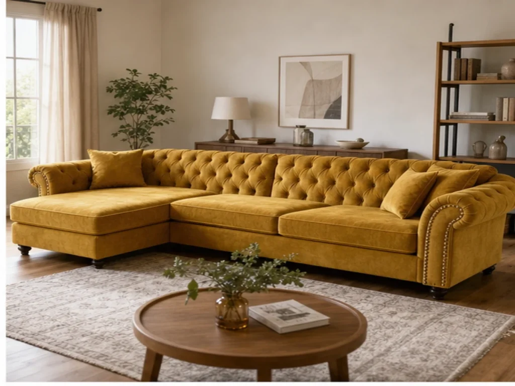 Sofa góc Cổ điển vải nhung màu vàng mustard