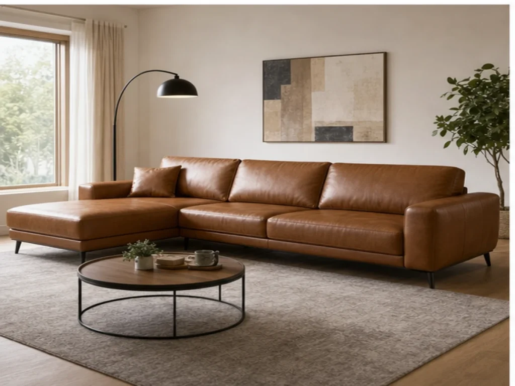 Sofa góc Hiện đại da công nghiệp màu nâu caramel