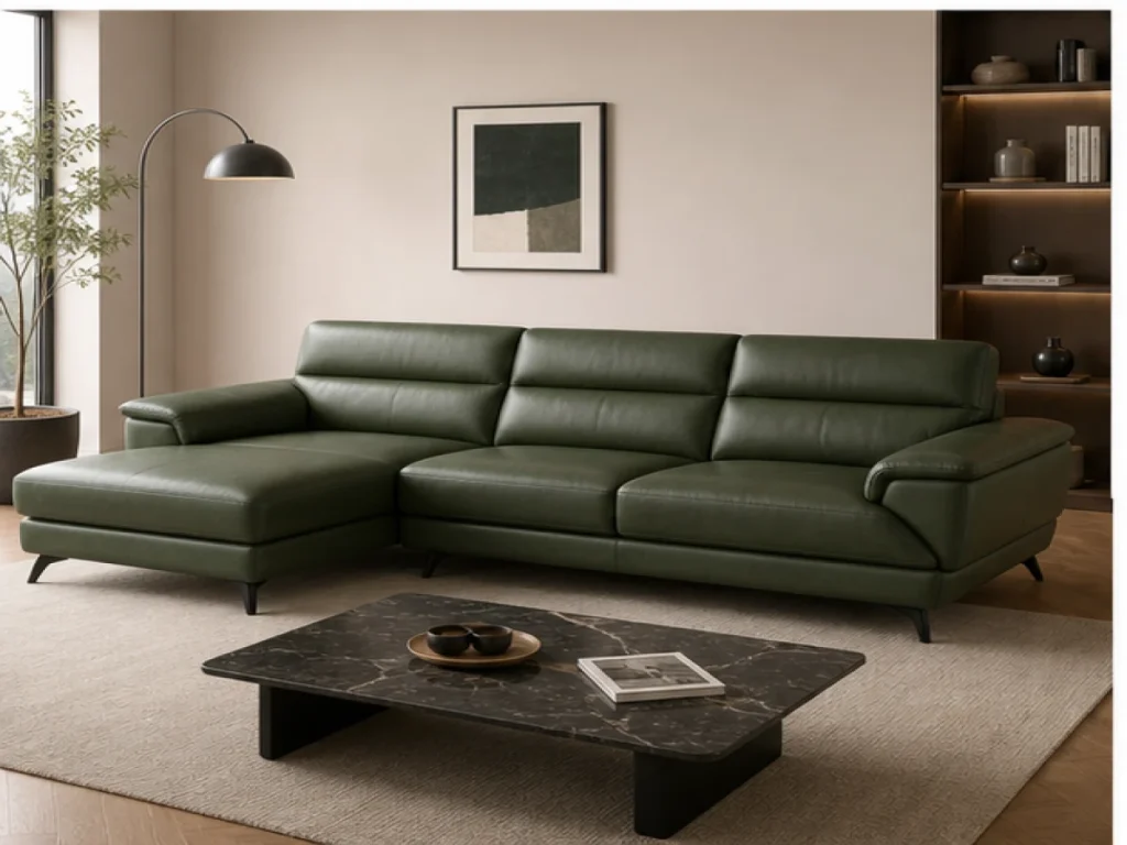 Sofa góc Hiện đại da công nghiệp màu xanh rêu