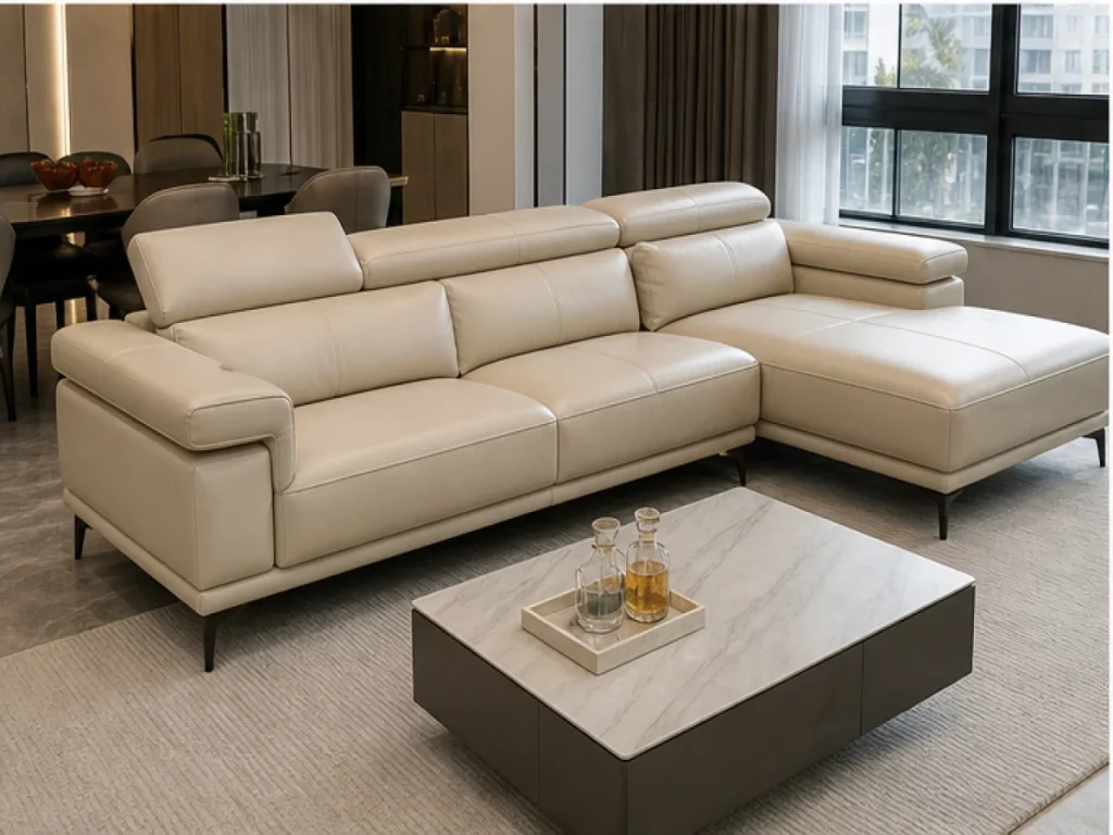 Sofa góc Hiện đại da thật màu kem