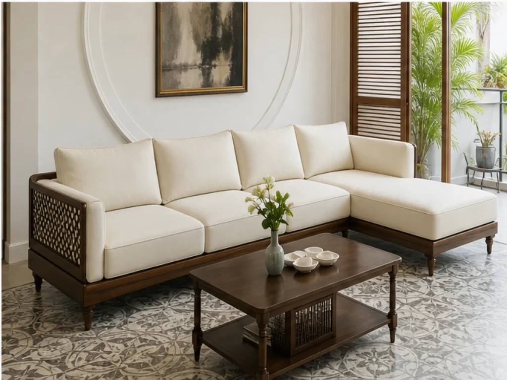 Sofa góc Indochine da thật màu trắng kem