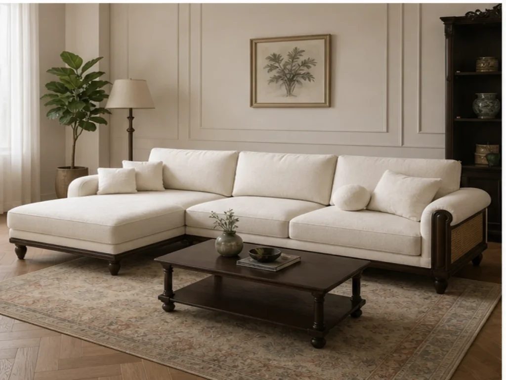 Sofa góc Indochine vải chenille màu trắng kem