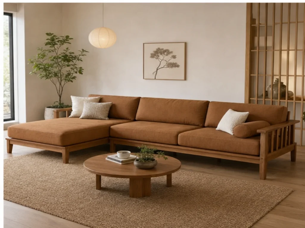 Sofa góc Japandi gỗ công nghiệp màu nâu caramel
