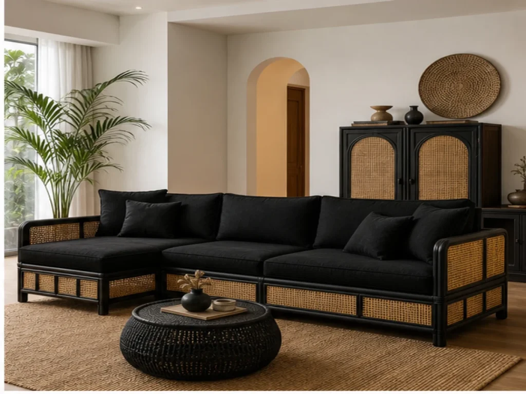 Sofa góc Luxury mây tự nhiên màu đen