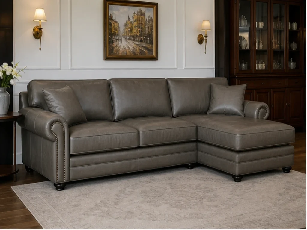 Sofa góc Tân cổ điển da thật màu xám