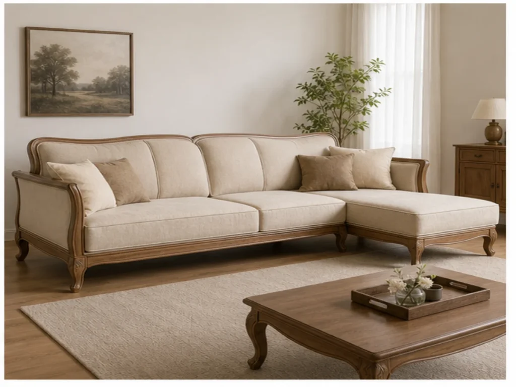 Sofa góc Tân cổ điển gỗ tự nhiên màu be
