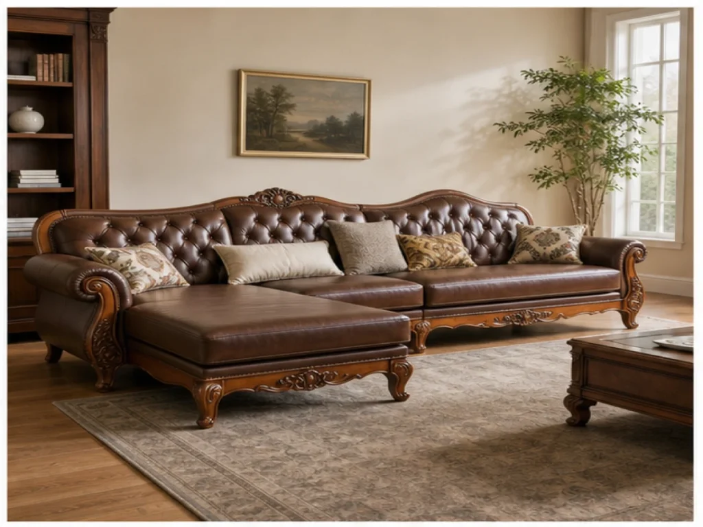 Sofa góc Tân cổ điển gỗ tự nhiên màu nâu