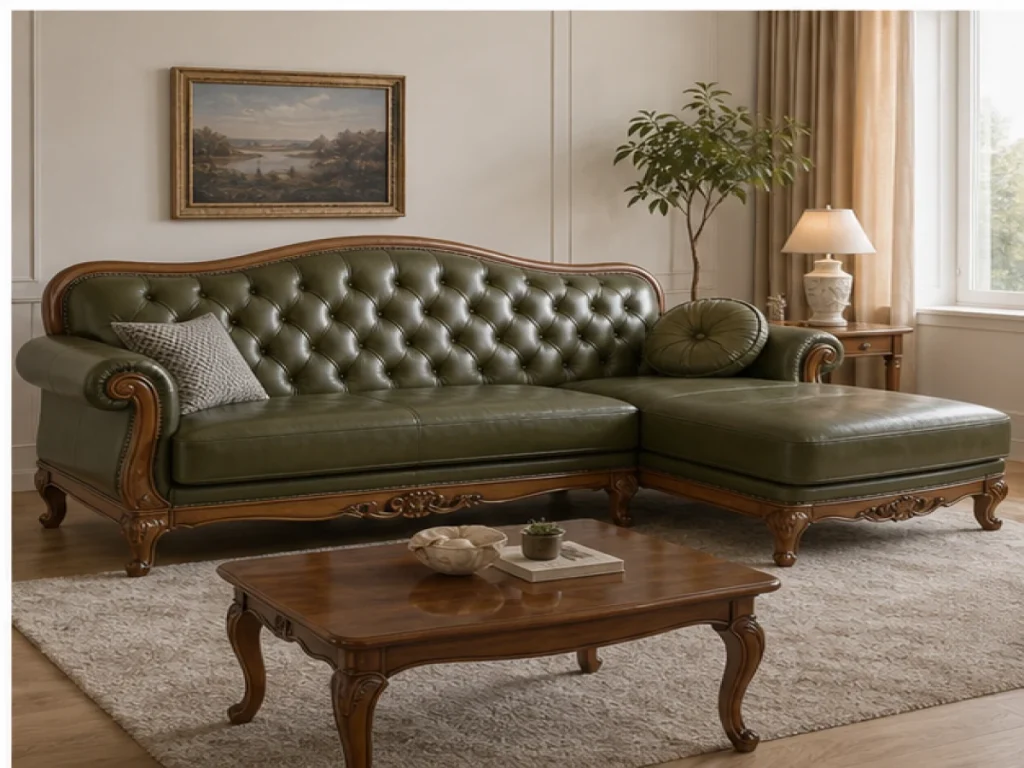 Sofa góc Tân cổ điển gỗ tự nhiên màu xanh rêu