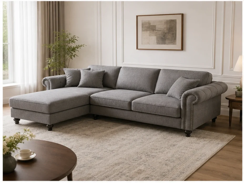 Sofa góc Tân cổ điển vải nỉ màu xám
