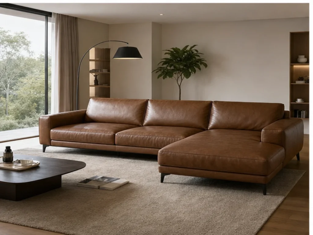 Sofa góc Tối giản da thật màu nâu